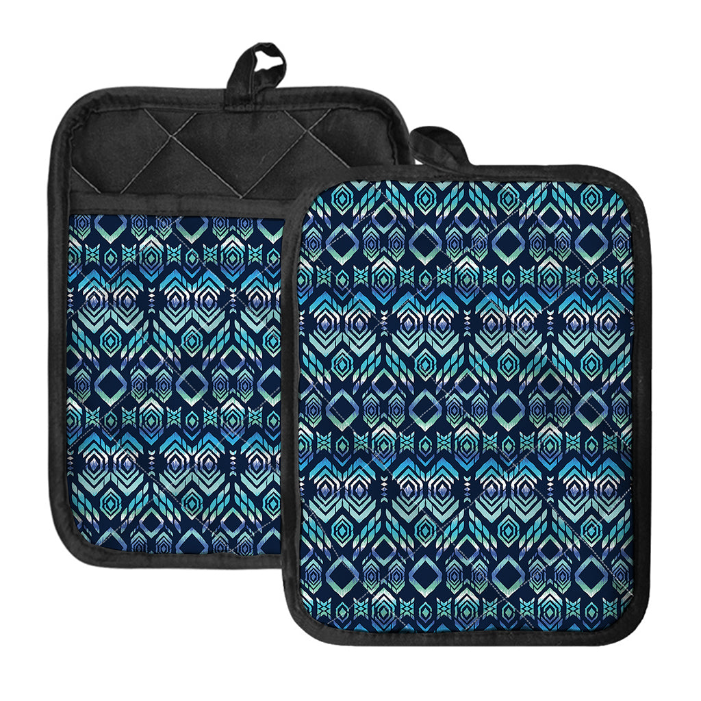 Blue Native Aztec Tribal Pattern Print Pot Holders With Pocket