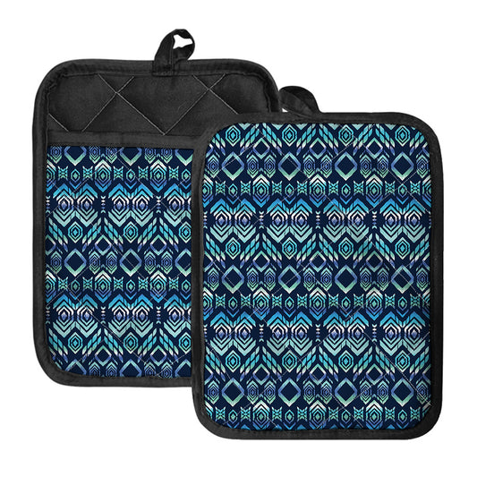 Blue Native Aztec Tribal Pattern Print Pot Holders With Pocket