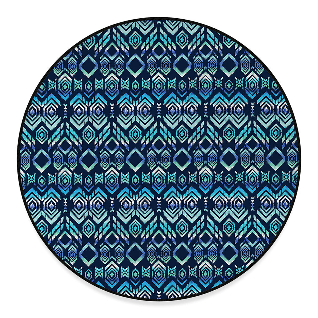Blue Native Aztec Tribal Pattern Print Round Floor Mat