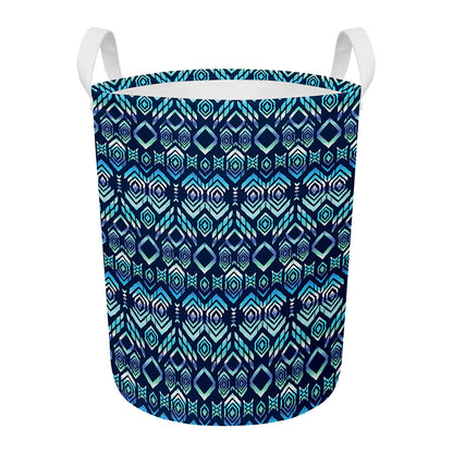 Blue Native Aztec Tribal Pattern Print Round Laundry Basket