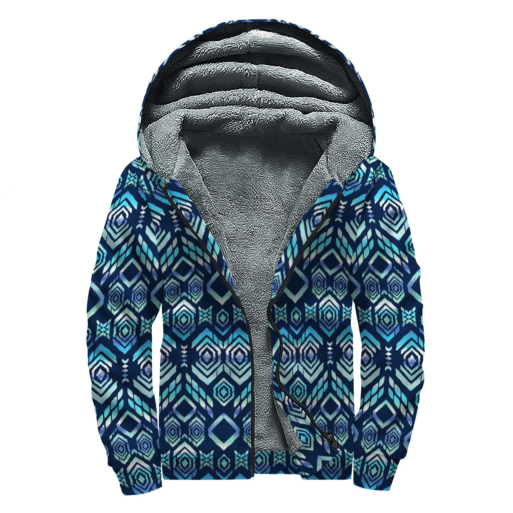 Blue Native Aztec Tribal Pattern Print Sherpa Lined Zip Up Hoodie