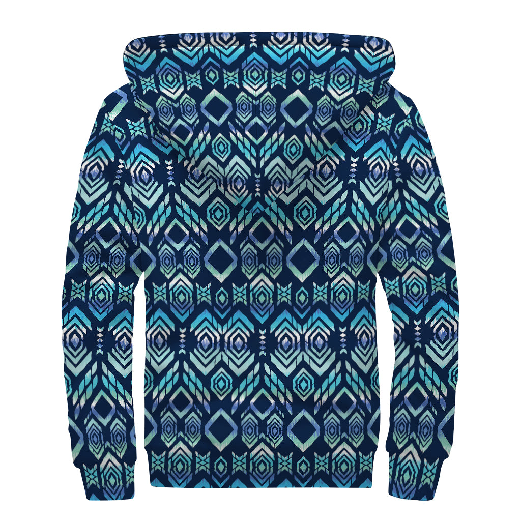 Blue Native Aztec Tribal Pattern Print Sherpa Lined Zip Up Hoodie