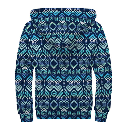 Blue Native Aztec Tribal Pattern Print Sherpa Lined Zip Up Hoodie