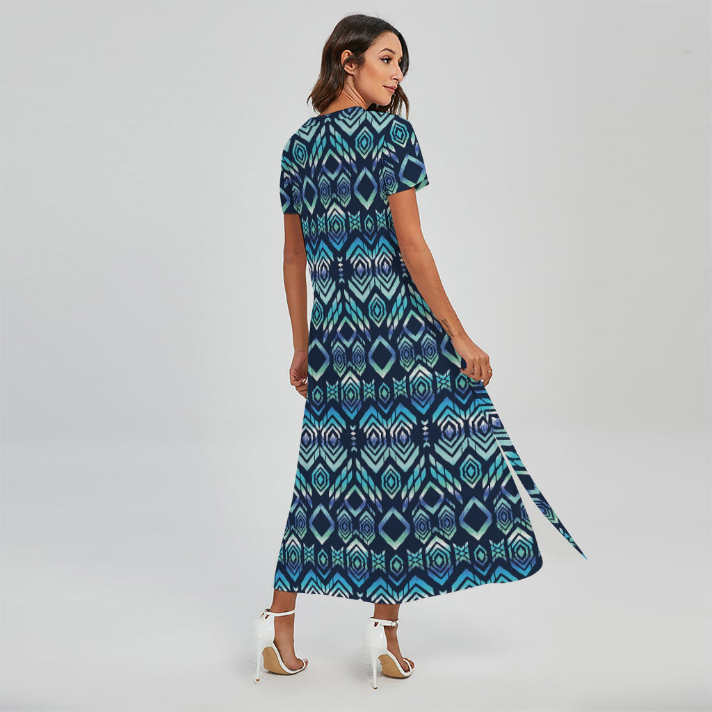 Blue Native Aztec Tribal Pattern Print Short Sleeve Maxi Dress