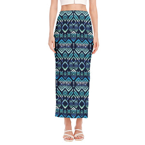 Blue Native Aztec Tribal Pattern Print Side Slit Maxi Skirt