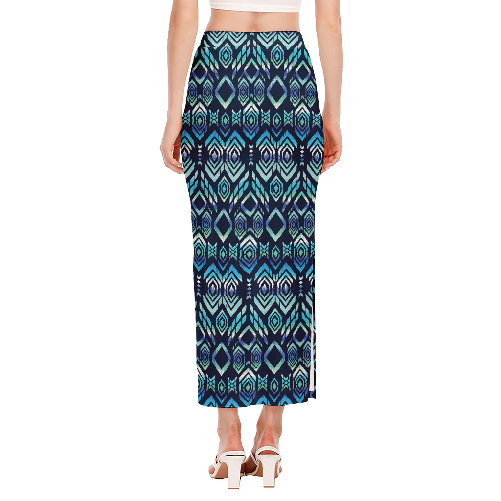 Blue Native Aztec Tribal Pattern Print Side Slit Maxi Skirt