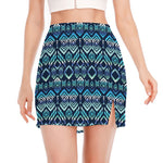 Blue Native Aztec Tribal Pattern Print Side Slit Mini Skirt