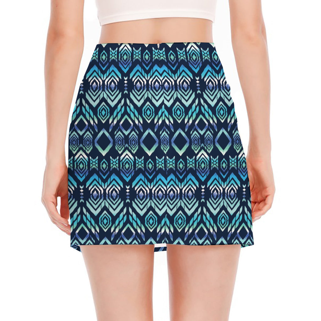 Blue Native Aztec Tribal Pattern Print Side Slit Mini Skirt