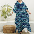 Blue Native Aztec Tribal Pattern Print Silk V-Neck Kaftan Dress