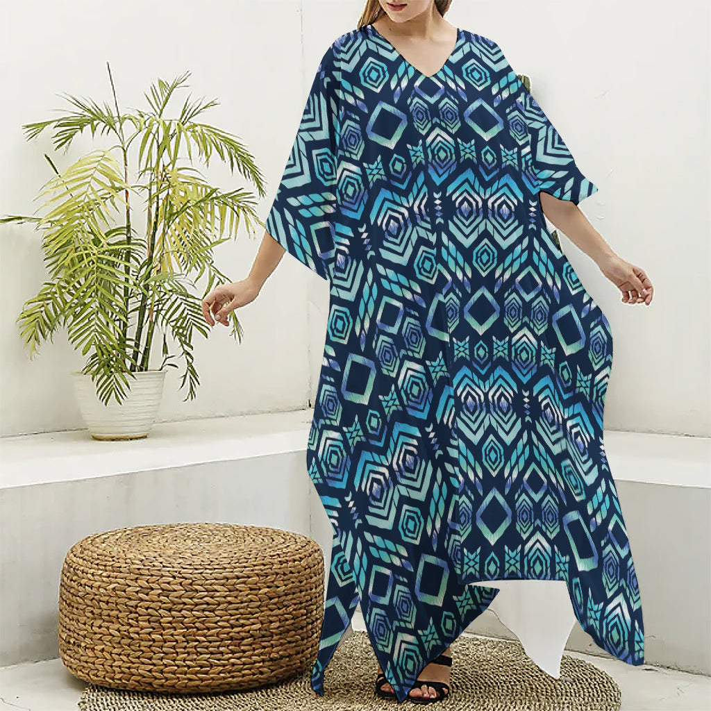 Blue Native Aztec Tribal Pattern Print Silk V-Neck Kaftan Dress