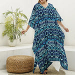 Blue Native Aztec Tribal Pattern Print Silk V-Neck Kaftan Dress