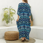 Blue Native Aztec Tribal Pattern Print Silk V-Neck Kaftan Dress