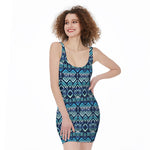 Blue Native Aztec Tribal Pattern Print Sleeveless Bodycon Dress