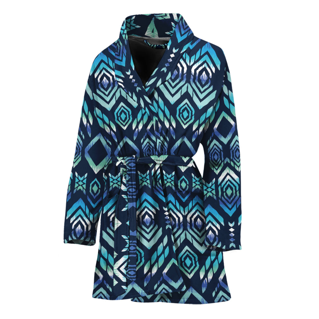 Blue Native Aztec Tribal Pattern Print Women's Bathrobe