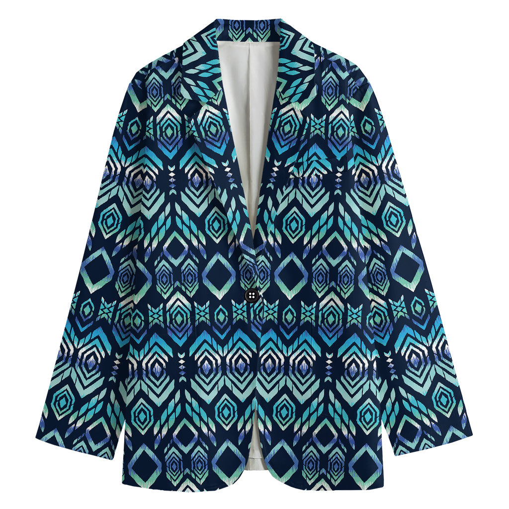 Blue Native Aztec Tribal Pattern Print Women's Blazer