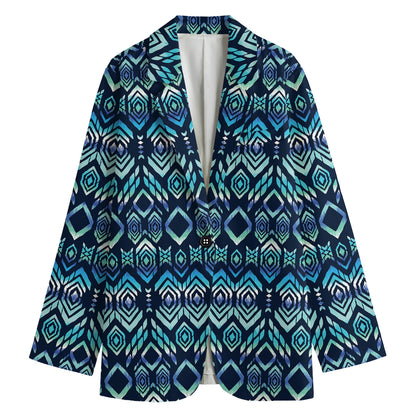 Blue Native Aztec Tribal Pattern Print Women's Blazer