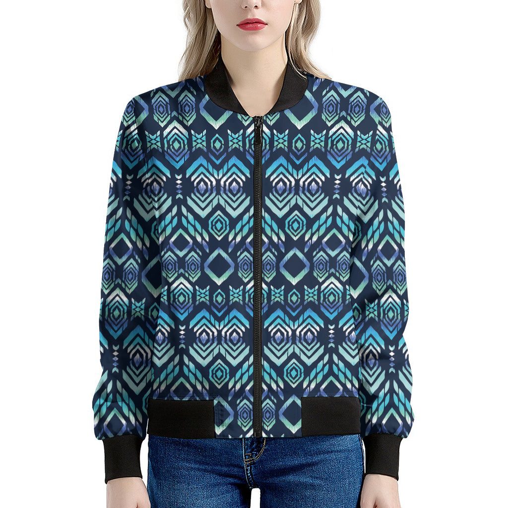 Blue Native Aztec Tribal Pattern Print Women's Bomber Jacket