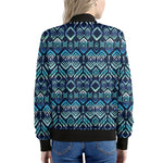 Blue Native Aztec Tribal Pattern Print Women's Bomber Jacket