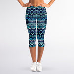 Blue Native Aztec Tribal Pattern Print Women's Capri Leggings