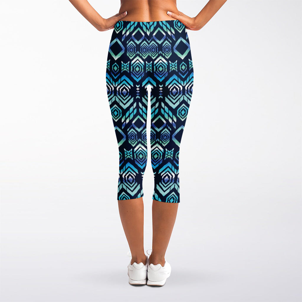 Blue Native Aztec Tribal Pattern Print Women's Capri Leggings