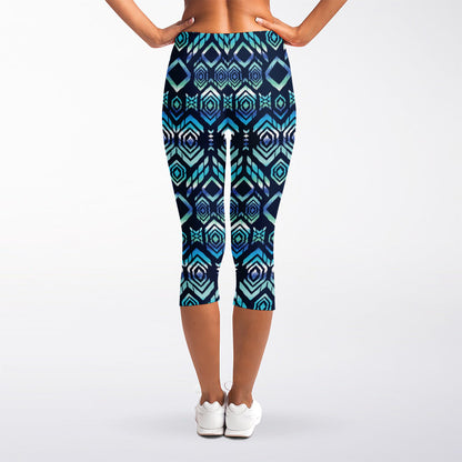Blue Native Aztec Tribal Pattern Print Women's Capri Leggings