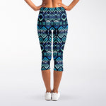 Blue Native Aztec Tribal Pattern Print Women's Capri Leggings