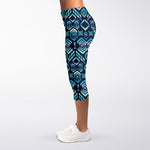 Blue Native Aztec Tribal Pattern Print Women's Capri Leggings