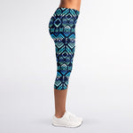 Blue Native Aztec Tribal Pattern Print Women's Capri Leggings