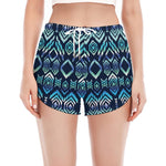 Blue Native Aztec Tribal Pattern Print Women's Split Running Shorts