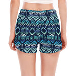 Blue Native Aztec Tribal Pattern Print Women's Split Running Shorts