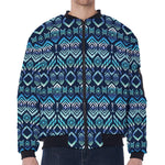 Blue Native Aztec Tribal Pattern Print Zip Sleeve Bomber Jacket