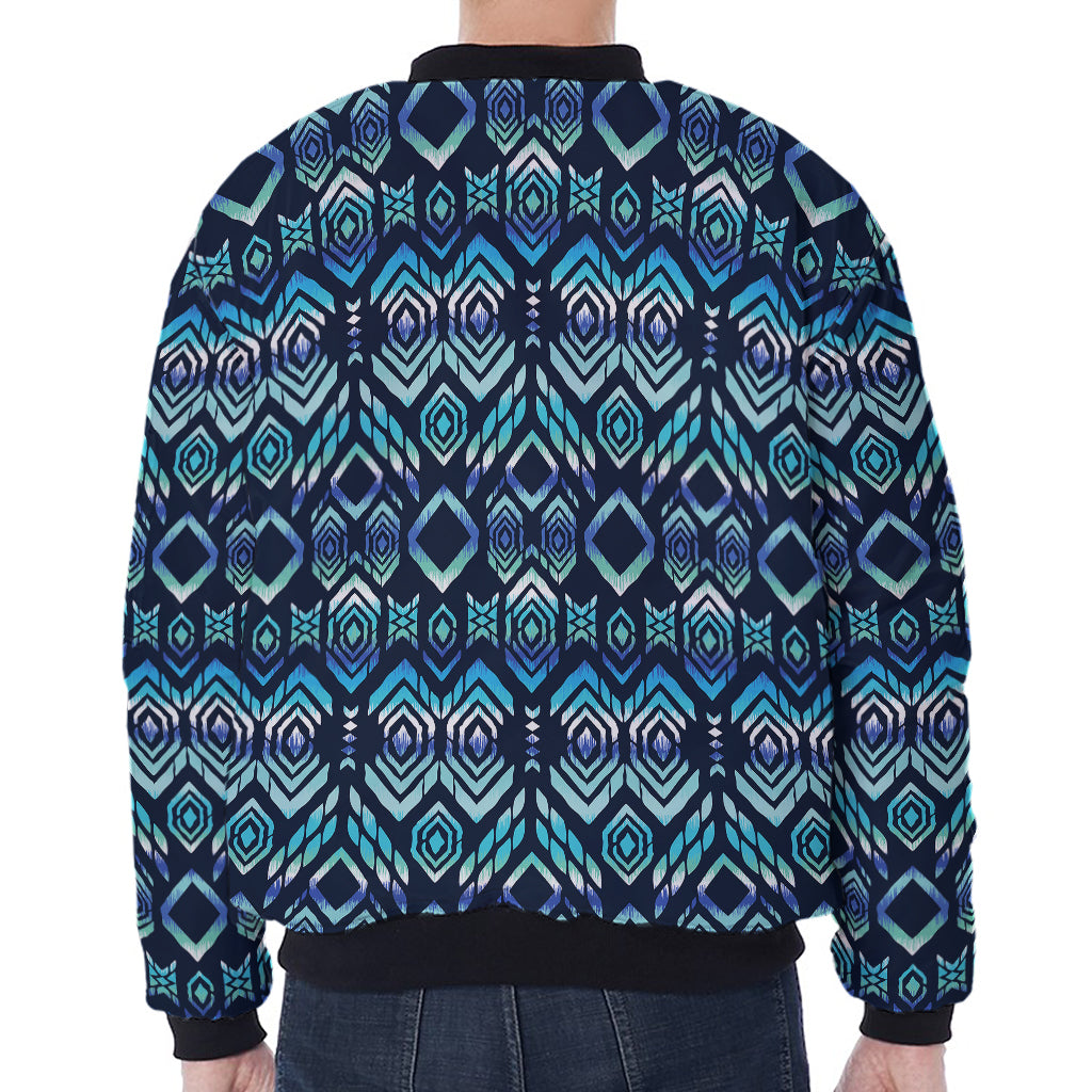 Blue Native Aztec Tribal Pattern Print Zip Sleeve Bomber Jacket