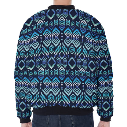 Blue Native Aztec Tribal Pattern Print Zip Sleeve Bomber Jacket