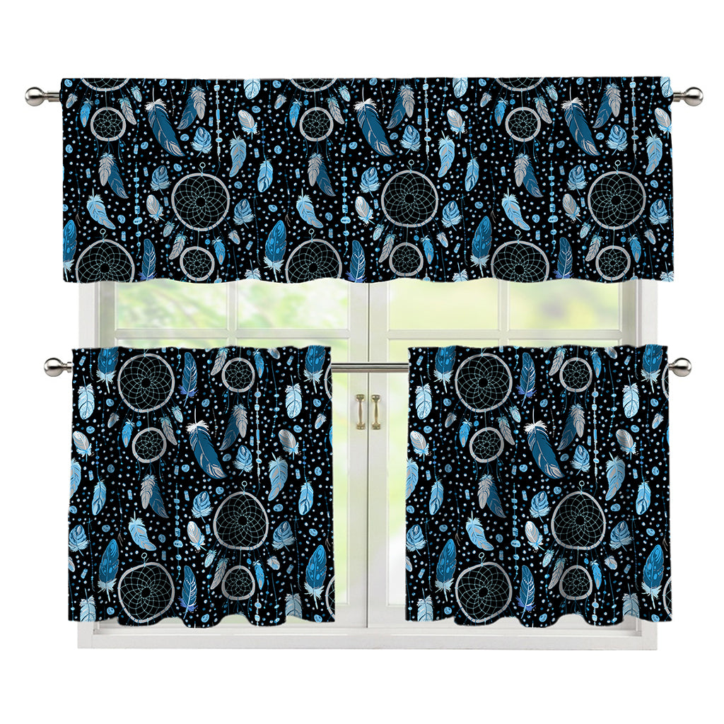 Blue Native Dream Catcher Pattern Print 3 Piece Kitchen Curtains