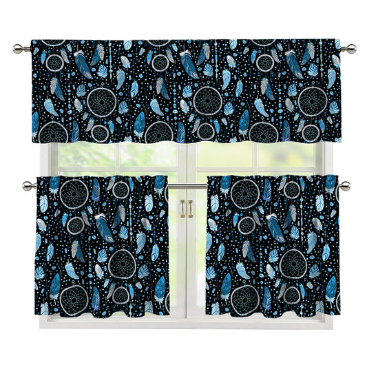 Blue Native Dream Catcher Pattern Print 3 Piece Kitchen Curtains