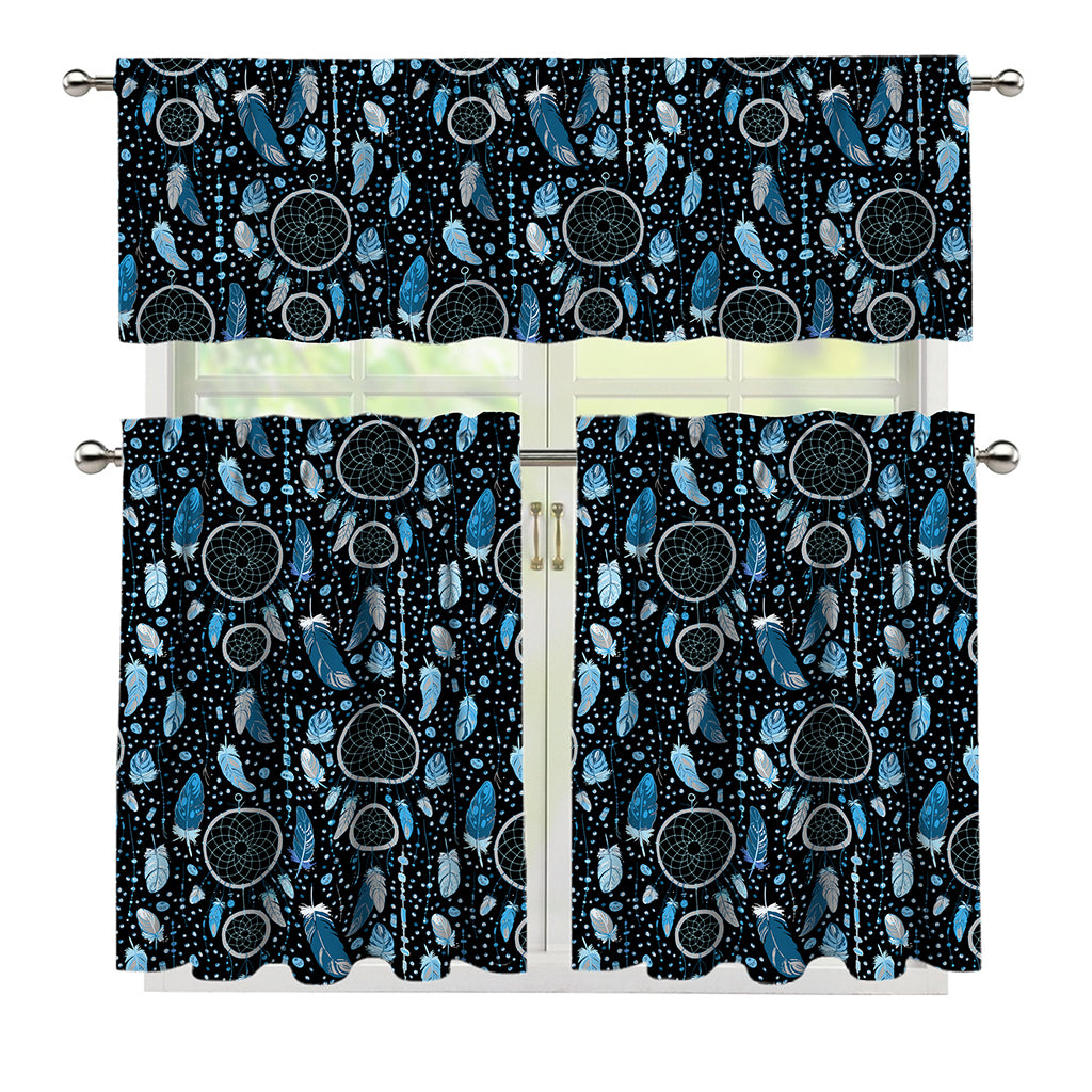 Blue Native Dream Catcher Pattern Print 3 Piece Kitchen Curtains