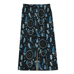 Blue Native Dream Catcher Pattern Print Cotton Front Slit Maxi Skirt