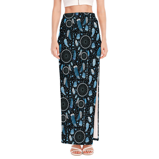Blue Native Dream Catcher Pattern Print High Slit Maxi Skirt