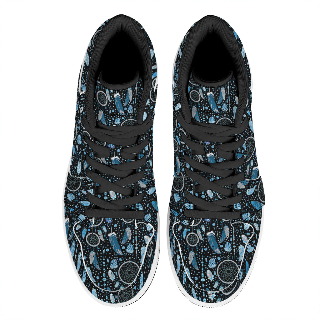 Blue Native Dream Catcher Pattern Print High Top Leather Sneakers