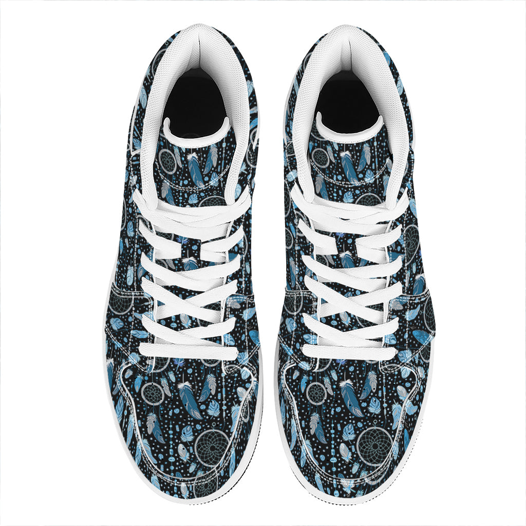 Blue Native Dream Catcher Pattern Print High Top Leather Sneakers