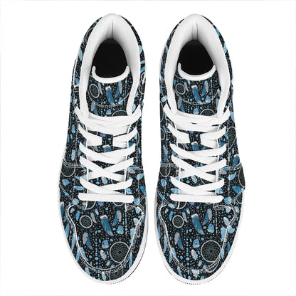 Blue Native Dream Catcher Pattern Print High Top Leather Sneakers
