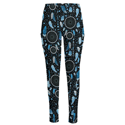 Blue Native Dream Catcher Pattern Print High-Waisted Pocket Leggings