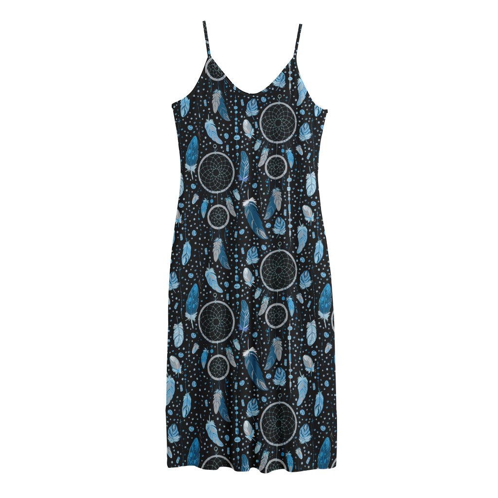 Blue Native Dream Catcher Pattern Print Jersey Midi Cami Dress