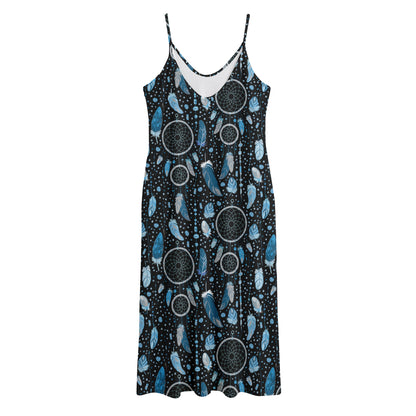 Blue Native Dream Catcher Pattern Print Jersey Midi Cami Dress
