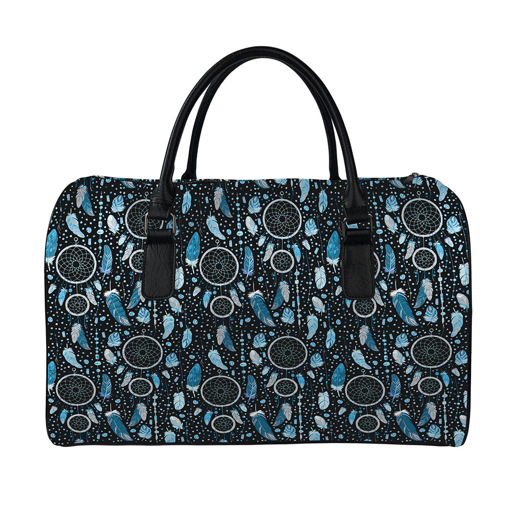 Blue Native Dream Catcher Pattern Print Leather Duffle Bag