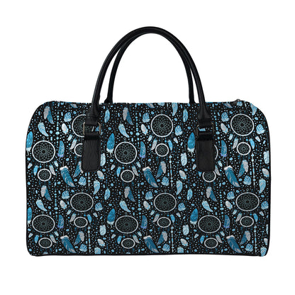 Blue Native Dream Catcher Pattern Print Leather Duffle Bag