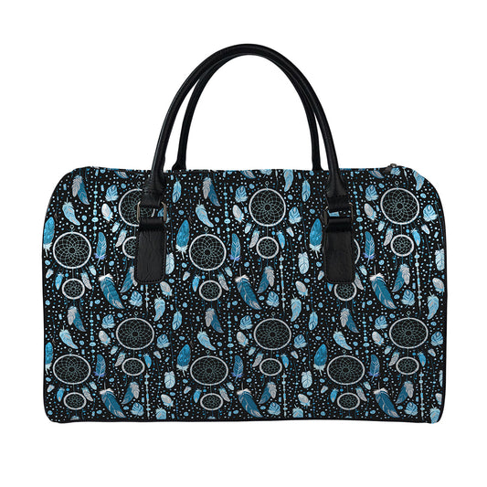 Blue Native Dream Catcher Pattern Print Leather Duffle Bag