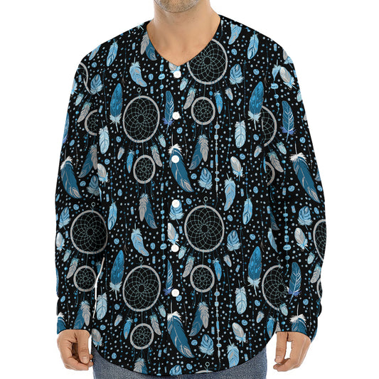 Blue Native Dream Catcher Pattern Print Long Sleeve Baseball Jersey