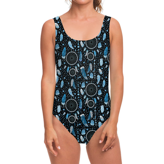 Blue Native Dream Catcher Pattern Print One Piece Swimsuit