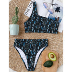 Blue Native Dream Catcher Pattern Print One Shoulder Bikini Top